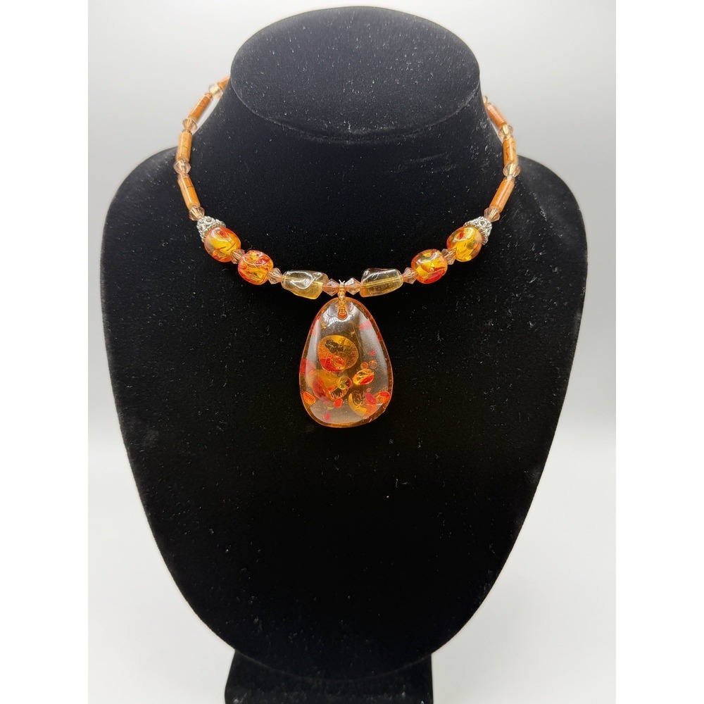 Vintage Amber Style Resin Pendant Necklace Beaded Statement Jewelry #999